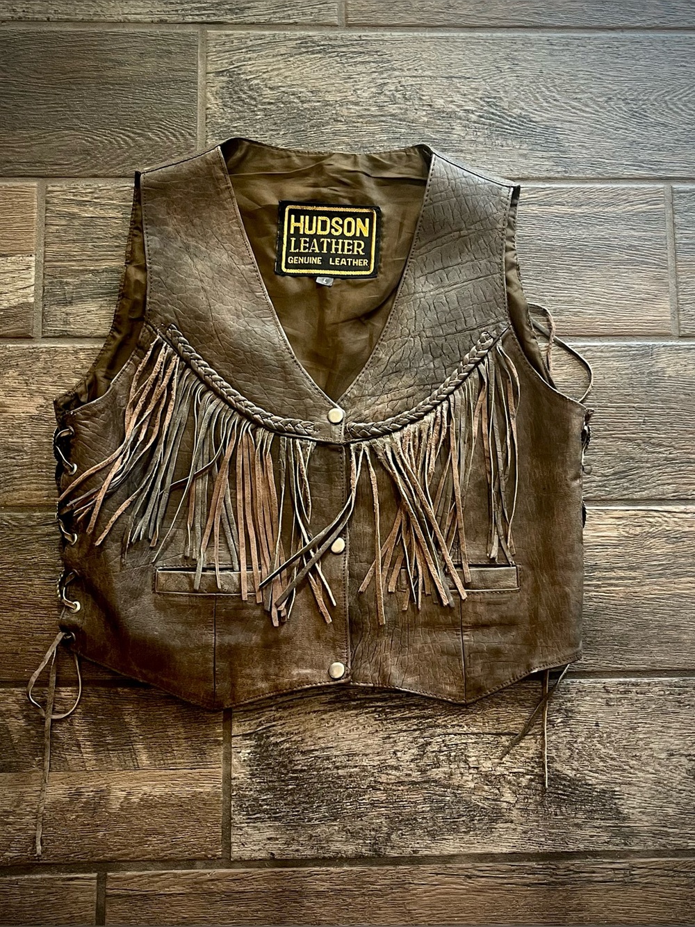 Hudson Leather brown genuine leather Vest with fringe , conchos and snaps L